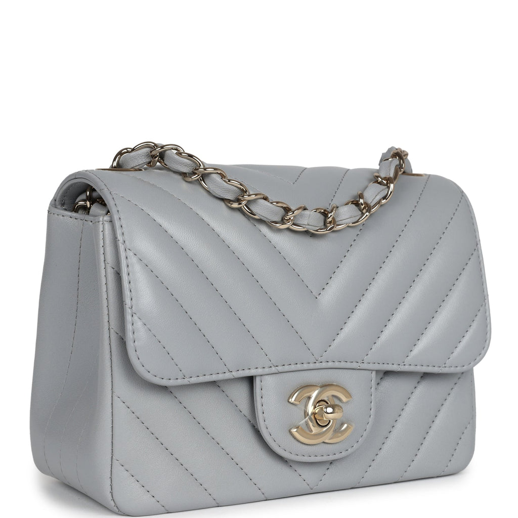 Chanel Mini Chevron Square Flap Bag Light Grey Lambskin Light Gold Har
