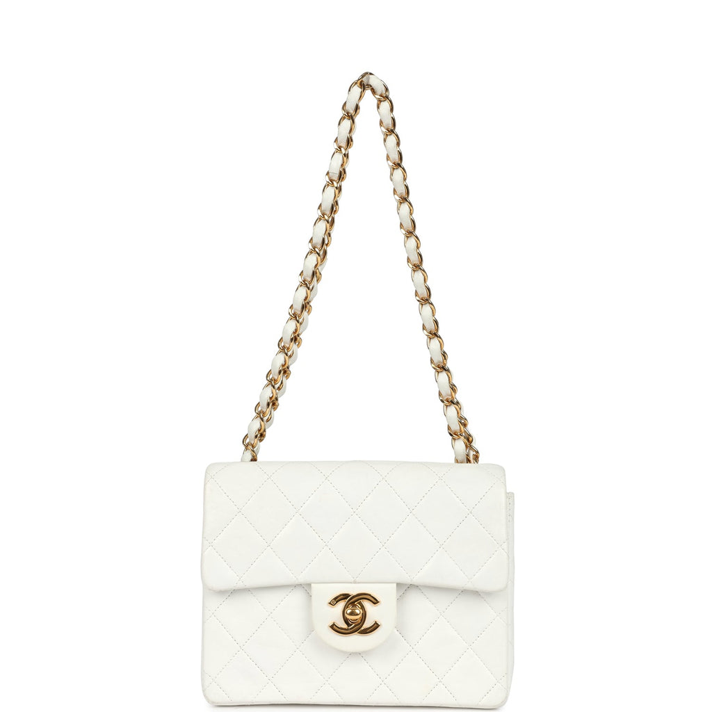 Vintage Chanel Mini Square Flap Bag White Lambskin Gold Hardware