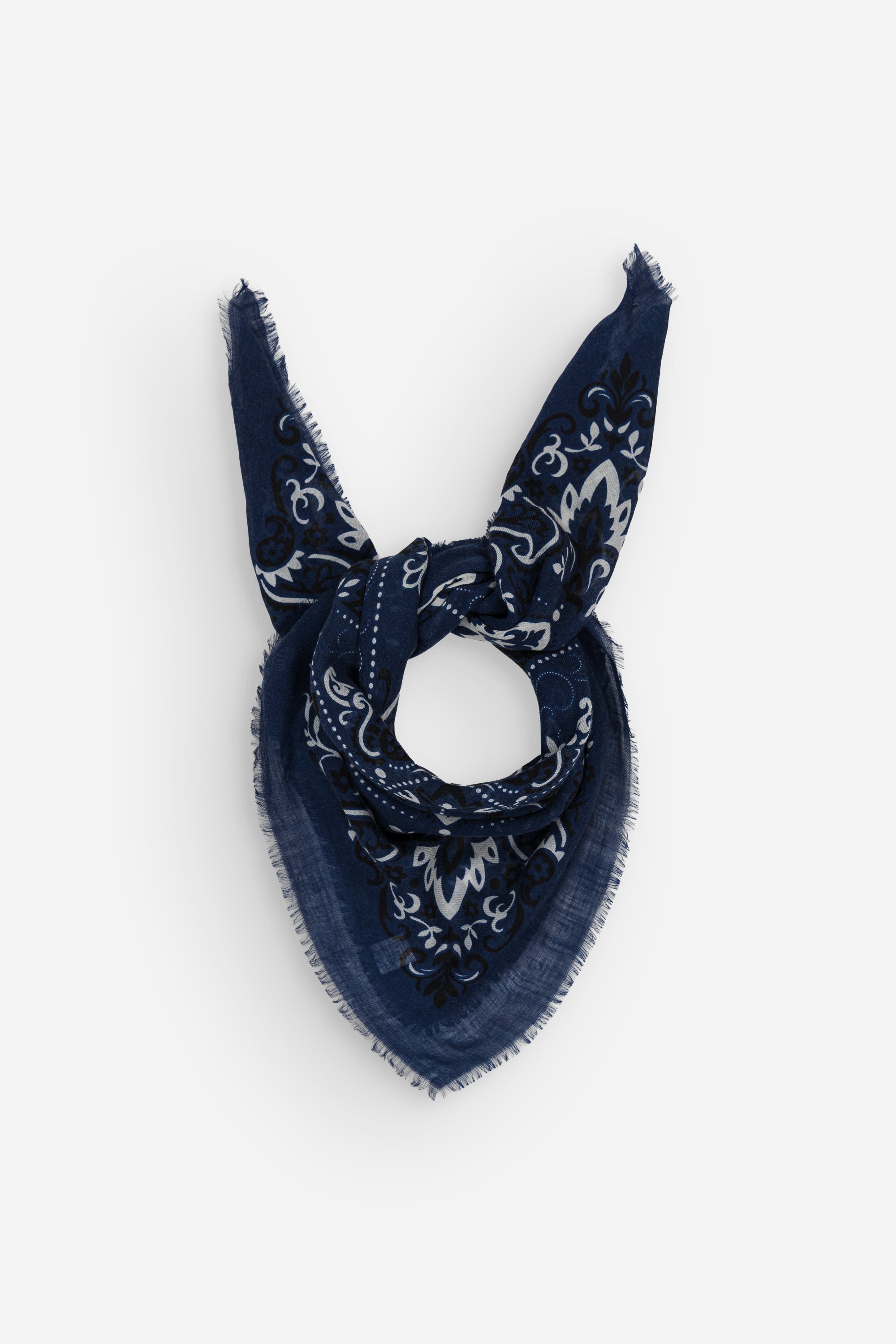 Large navy bandana scarf in wool and cashmere, bandana print