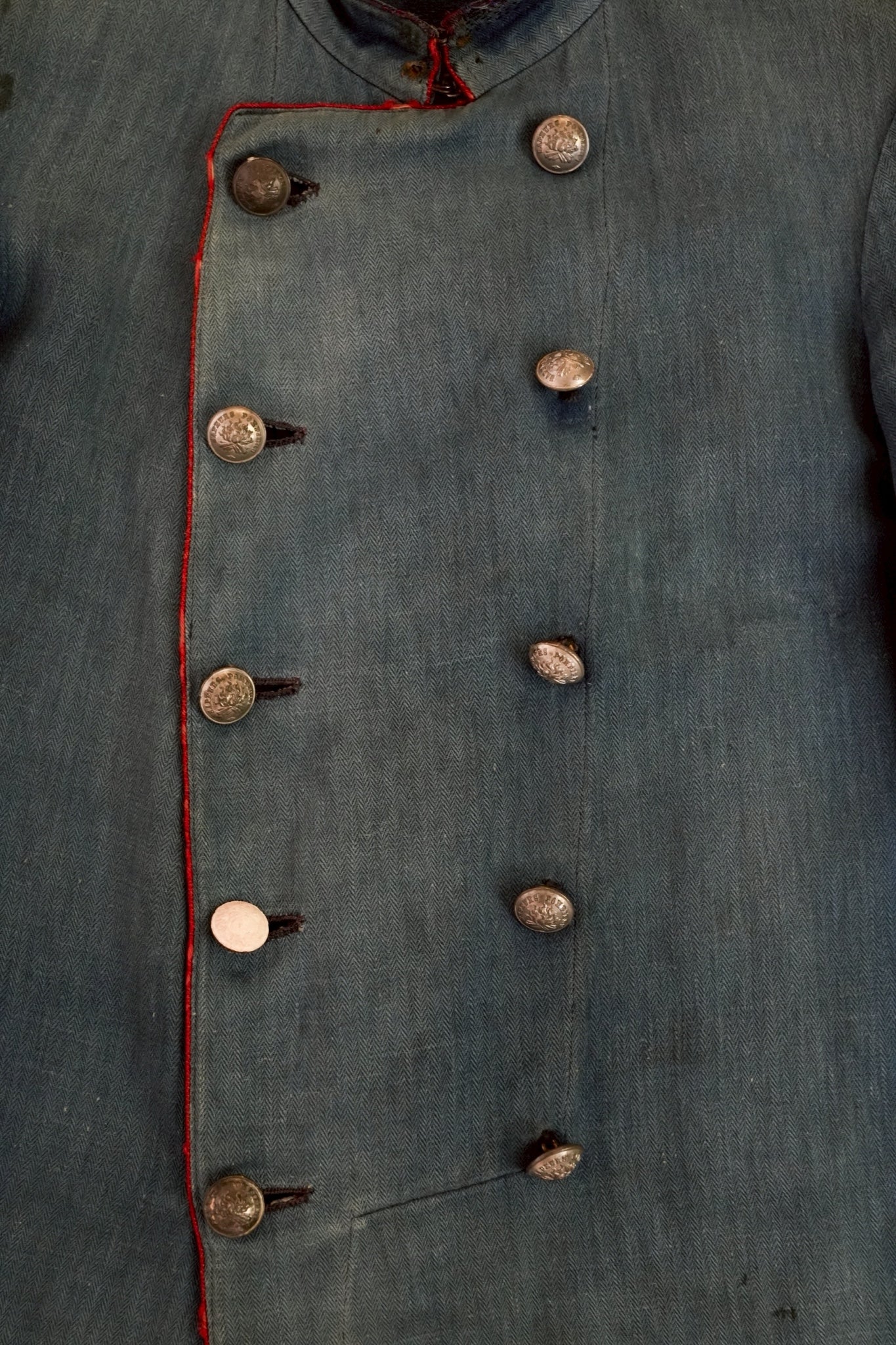 1900's French Antique HBT Indigo linen Fireman Double breasted