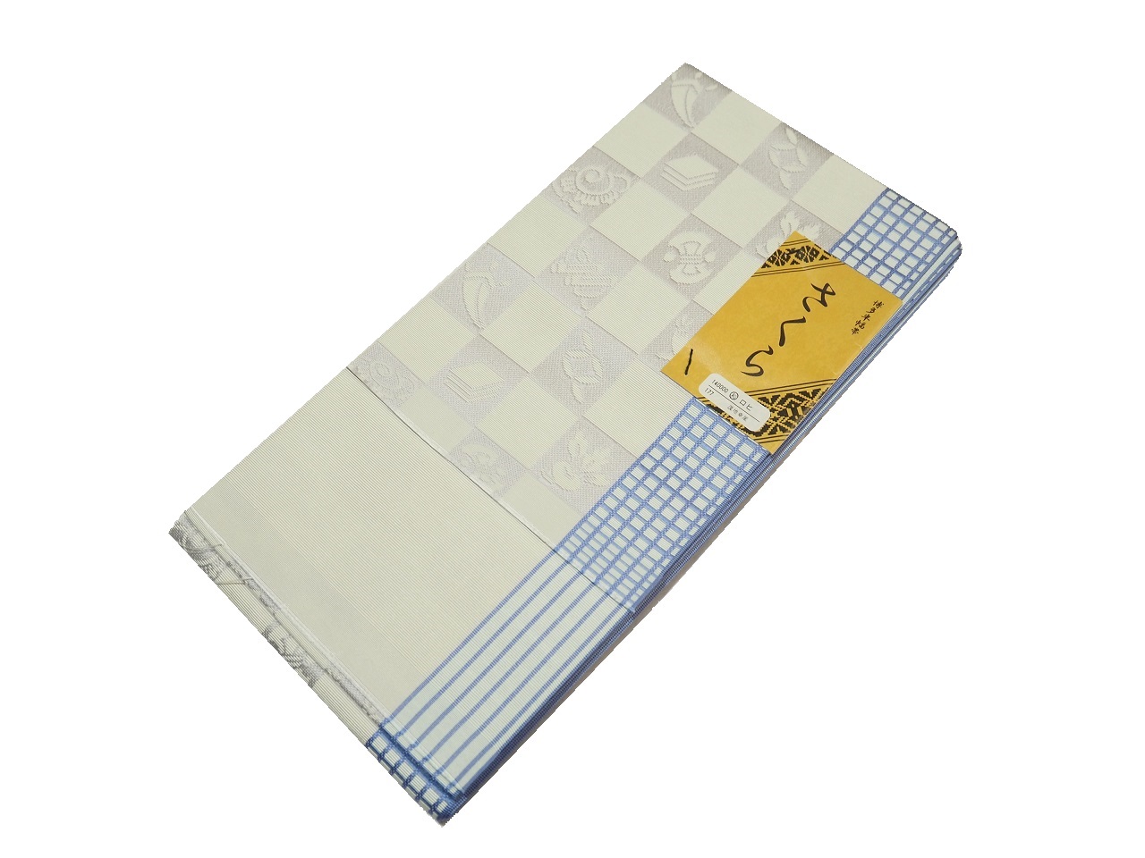 正絹博多織半幅帯「薄グレー色の地に市松模様と薄青色の格子模様