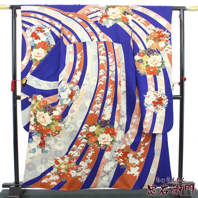 中古】 振袖 振り袖 成人式 レディース 正絹 青 古典柄 レトロ 身丈