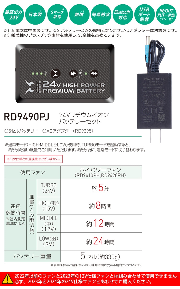 2024年新型 空調風神服 24V仕様リチウムイオンバッテリーセット ファン