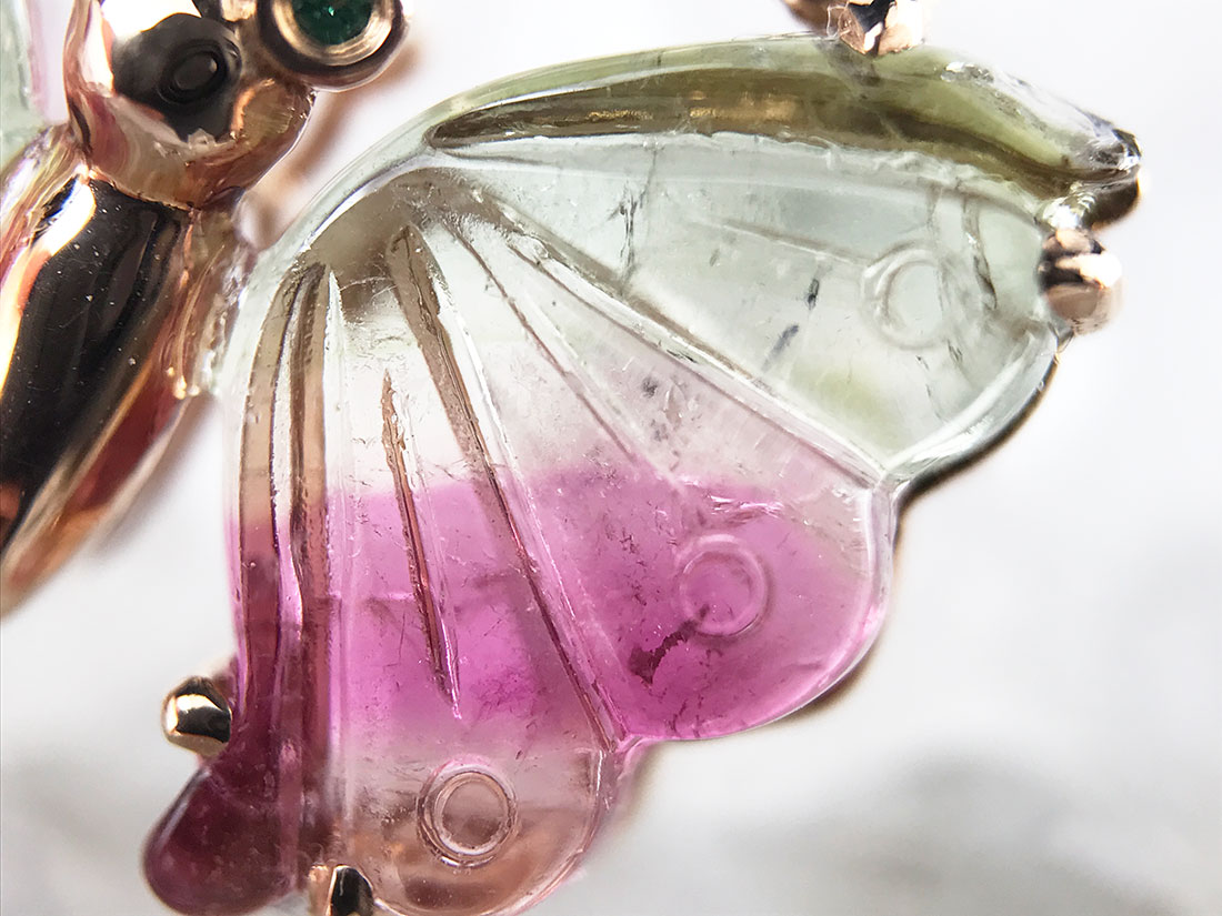 バイカラートルマリン 蝶型ペンダントトップ(K18)