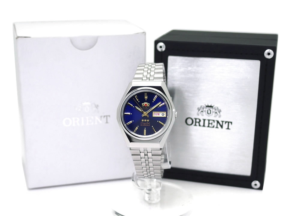 オリエント スリースター クリスタル SAB06006D8-B 青文字盤 日本製 逆