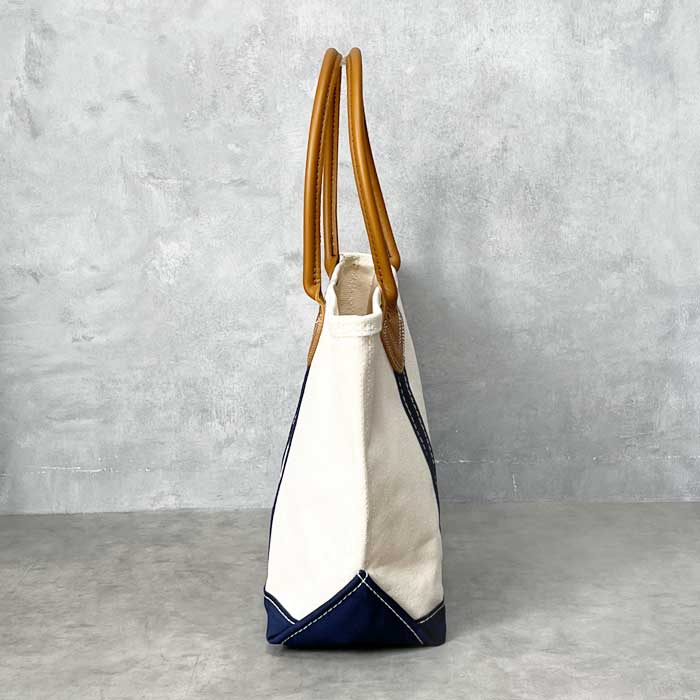 L.L.BEAN LEATHER HANDLE TOTE BAG Made in USA NAVY/NATURAL L.L.Bean