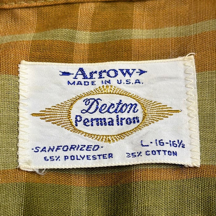 VINTAGE 60's ARROW DECTON PERMA IRON OPEN COLLAR LONG SLEEVE CHECK