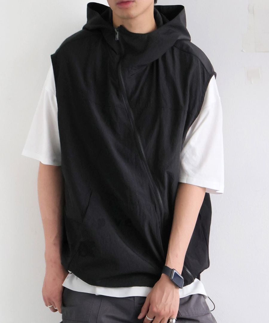 アシンメトリージップベスト メンズ フード付き 送料無料・再入荷
