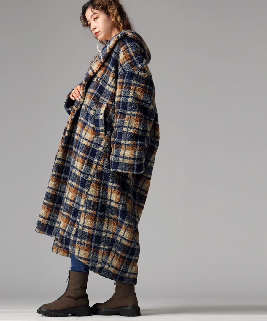 チェック柄 ボアジャケット レディース ロング丈 送料無料・メール便