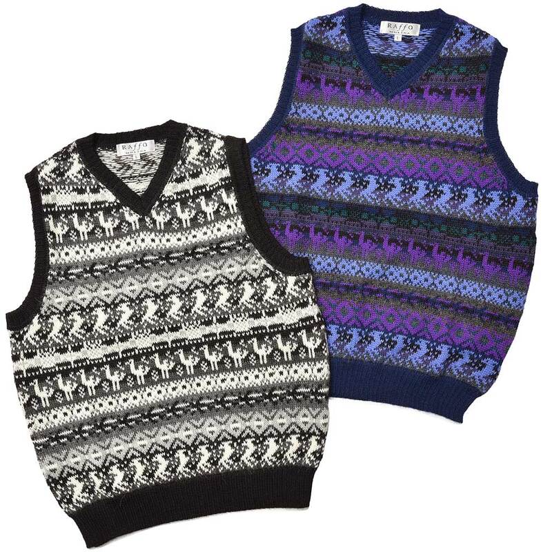 【ペルー製】 ラッファモリーナ 総柄ニットベスト アルパカ100% Lサイズ ペルー製アルパカ100％ベスト メンズ M ブルーグレー ペルー製