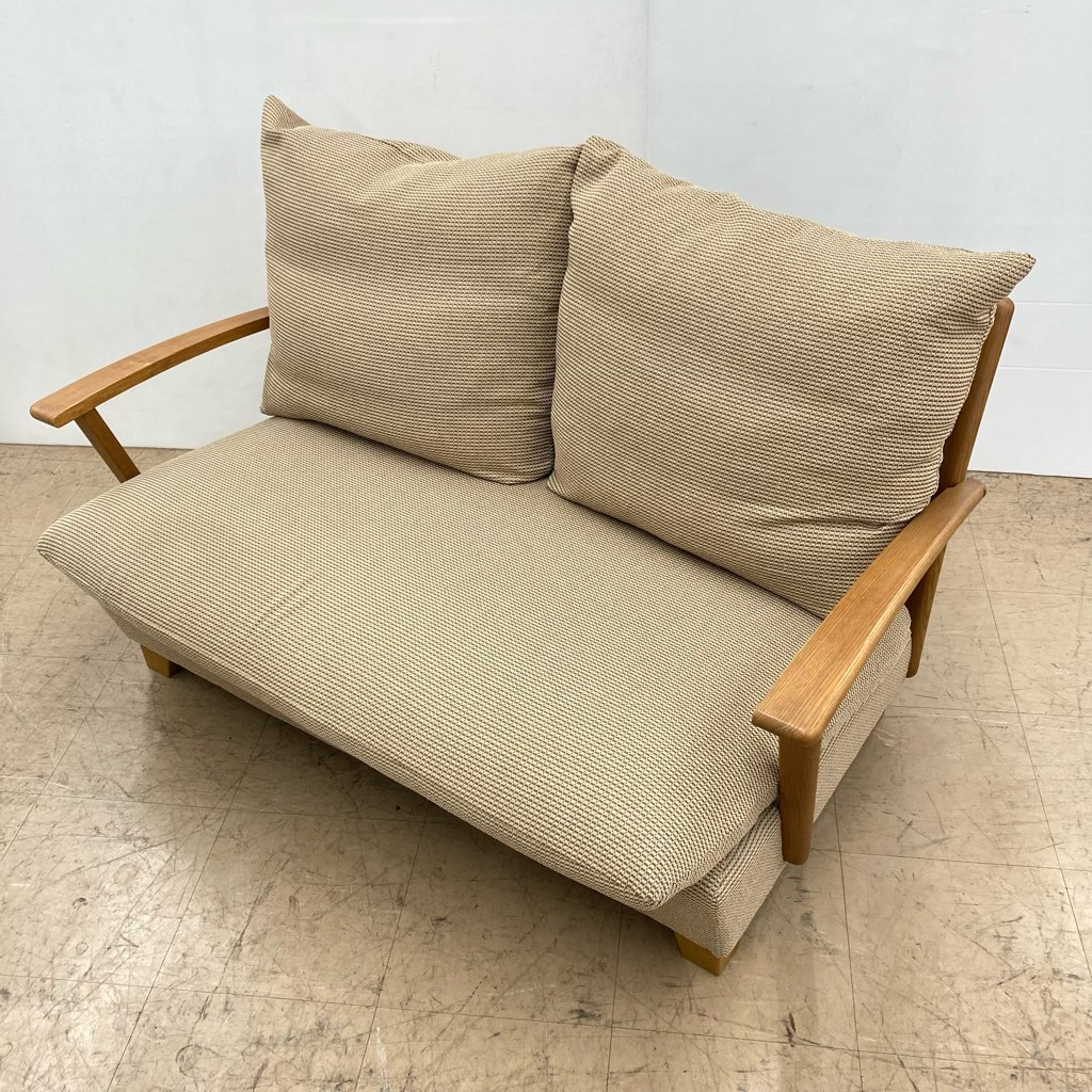 中古 美品 ナガノインテリア 天然木木肘 2人掛けソファ ブラウン系 130