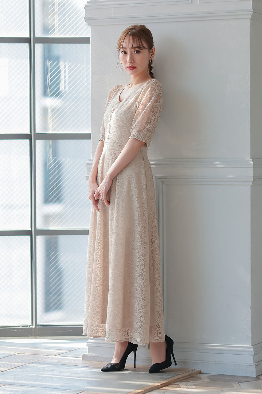 バックレースアップワンピース ベージュ/M｜結婚式のパーティードレス