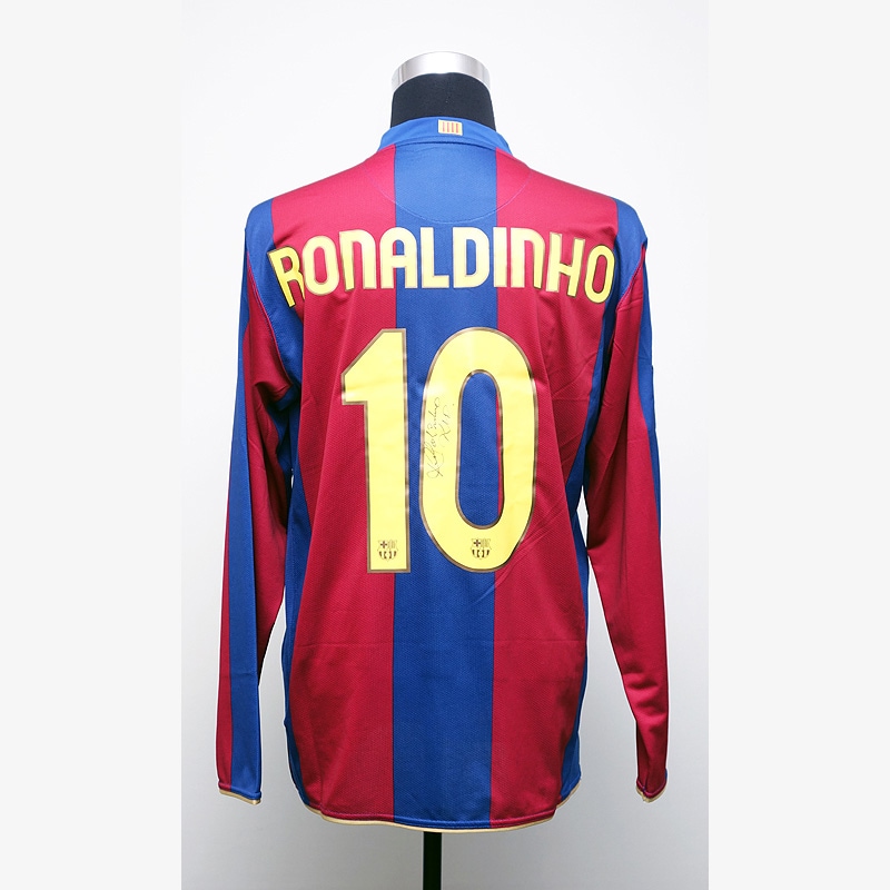 ロナウジーニョ直筆サイン入りバルセロナ07/08ホームユニフォーム(長袖