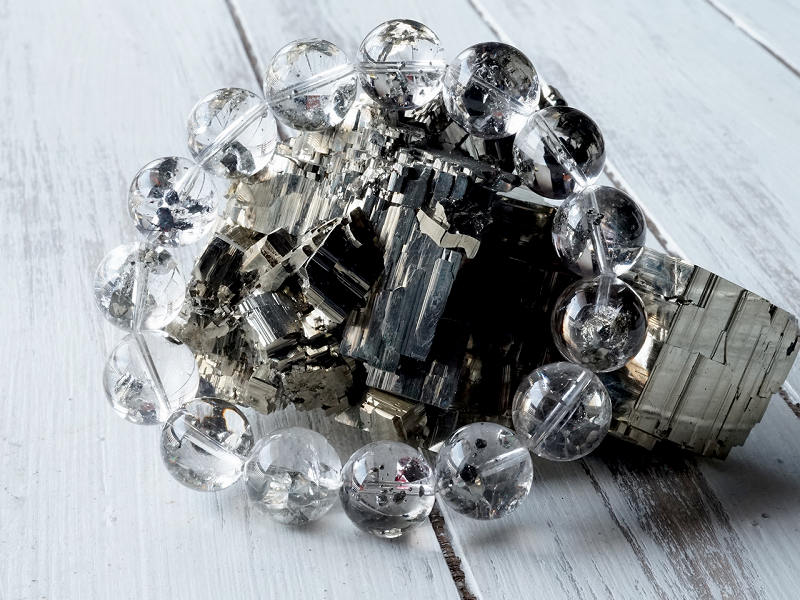 パイライト イン クォーツ ブレスレット 13mm玉 No.3 （鑑別書付） 最