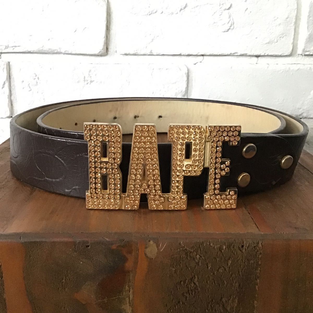 Gold スワロフスキー BAPE 型押し レザー ベルト a bathing ape