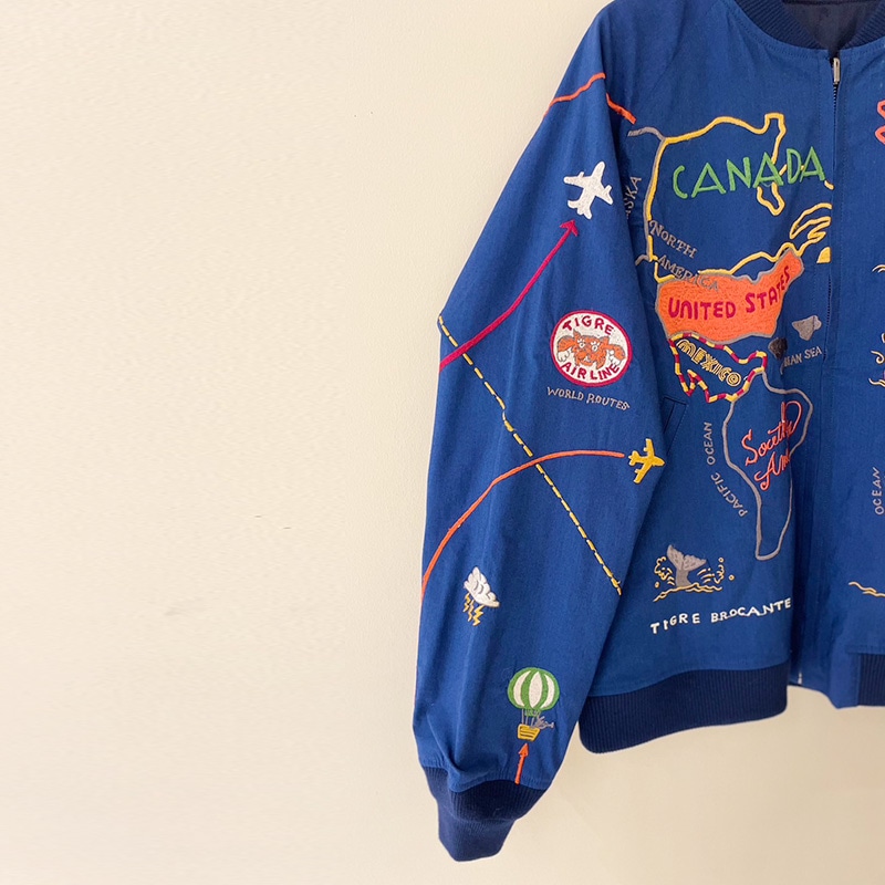 ティグルブロカンテ WorldMap 刺繍 スカジャン unisex Indigo Nylon