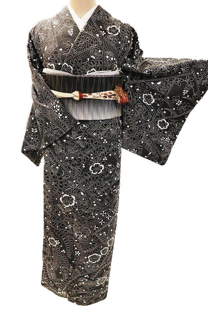 正絹訪問着 レンタルフルセット「総柄汕頭刺繍 辻が花に四季の花