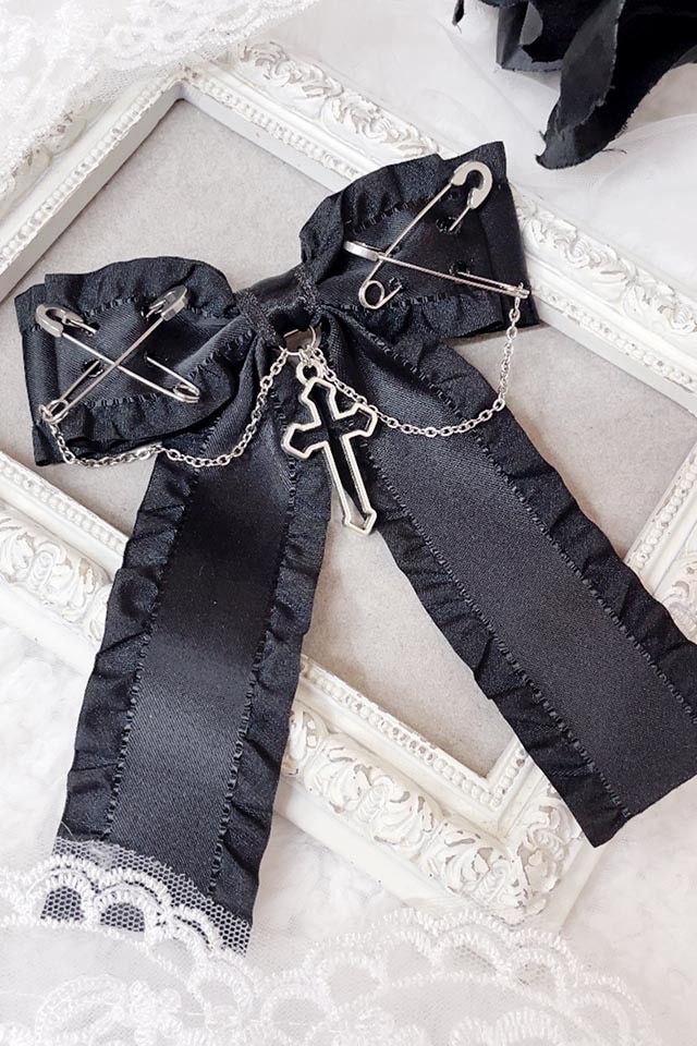 MA*RS】ピンクロス×クロスチェーンりぼんクリップ - ブラック size-F