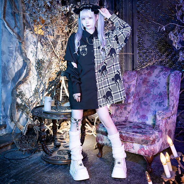 やんのかステップ黒猫2WAYシャツ【BLACK×WHITE】｜LISTEN FLAVOR