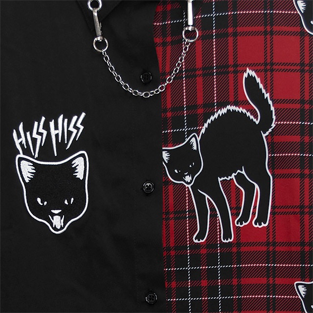 やんのかステップ黒猫2WAYシャツ【BLACK×RED】｜LISTEN FLAVOR