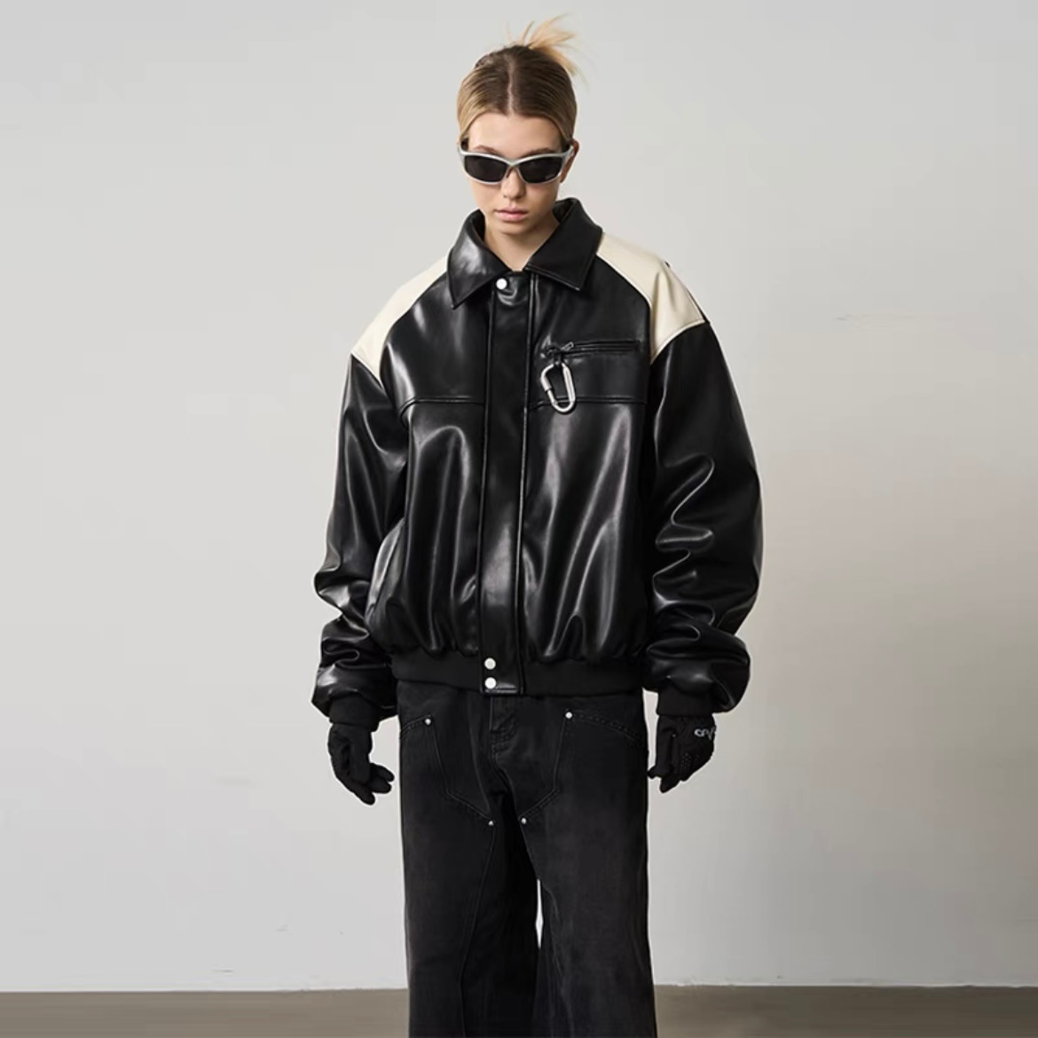 HARSH AND CRUEL コントラストカラー フェイクレザージャケット