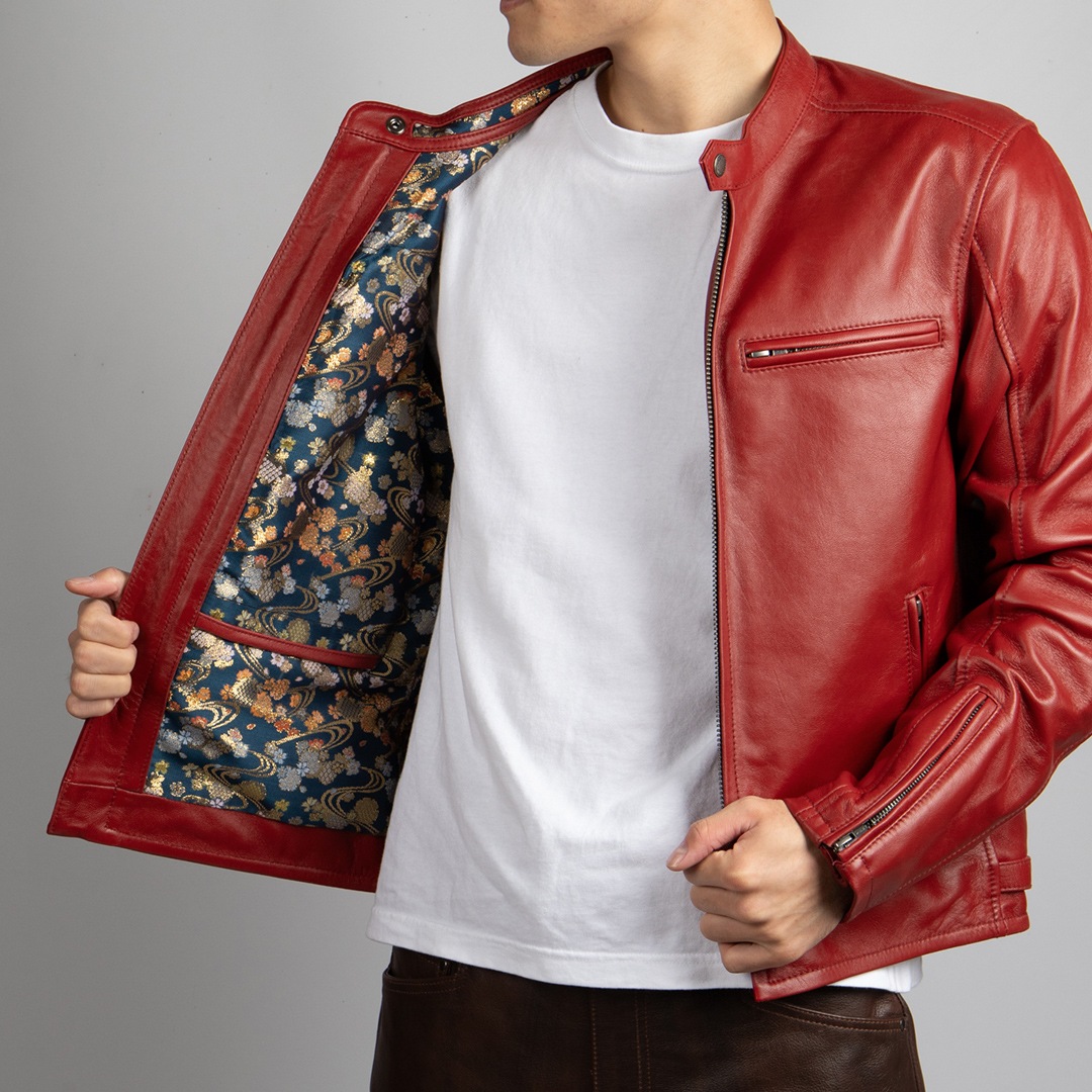 バイク 金襴レザージャケット[21SJ-14K_鉄流水雪輪RED] ウェア,メンズ