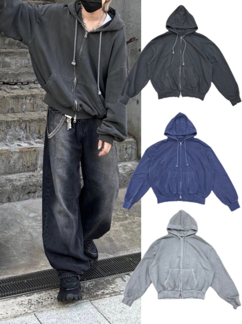 大阪店WEB限定受注制【Chikashitsu +】damage zip up hoodie (3color