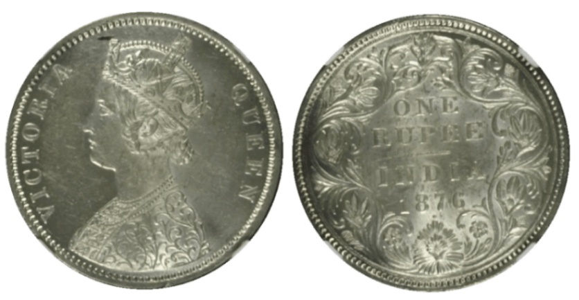 MS62】1876年 イギリス領インド ヴィクトリア女王 1ルピー銀貨