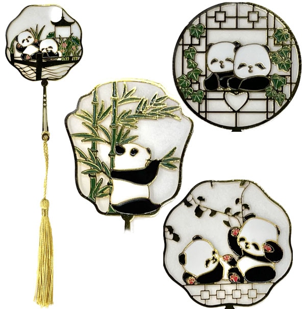 銅製 扇子型 透かし彫り パンダ しおり 【ネコポス便可】(※房は選べ