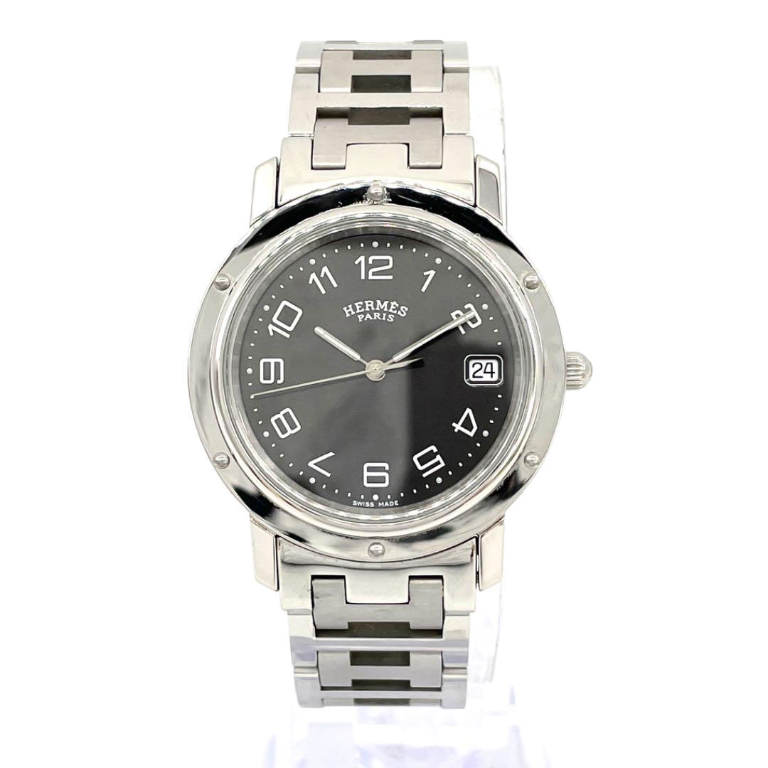 HERMES エルメス メンズ腕時計 クリッパー QZ シルバー 黒文字盤 CL6