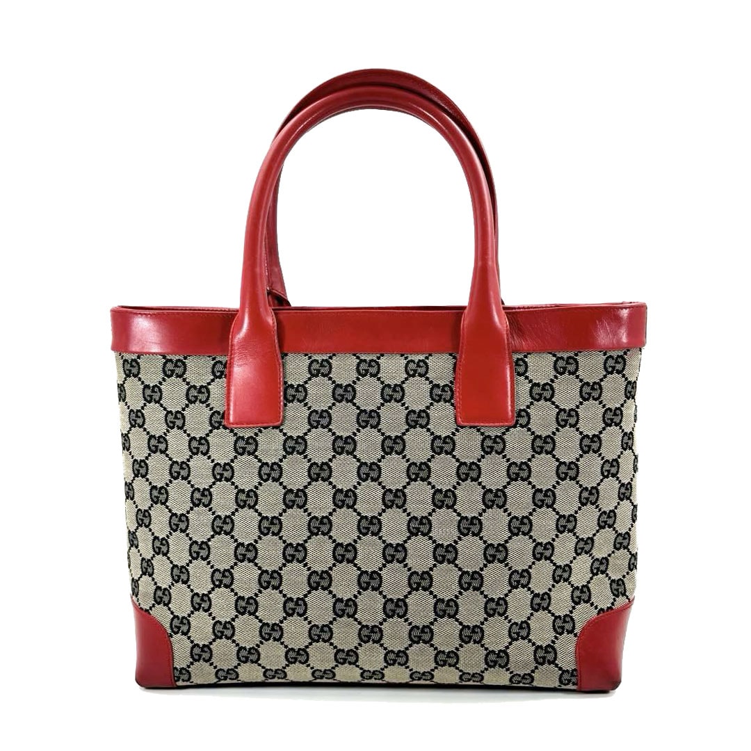 GUCCI グッチ トートバッグ GGキャンバス レザー レッド グレー系 002