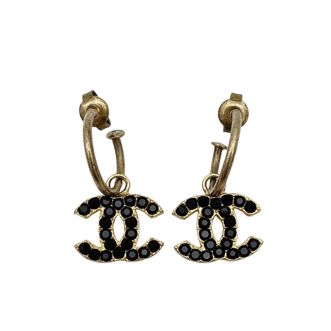 CHANEL シャネル フープピアス ココマーク ラインストーン ブラック