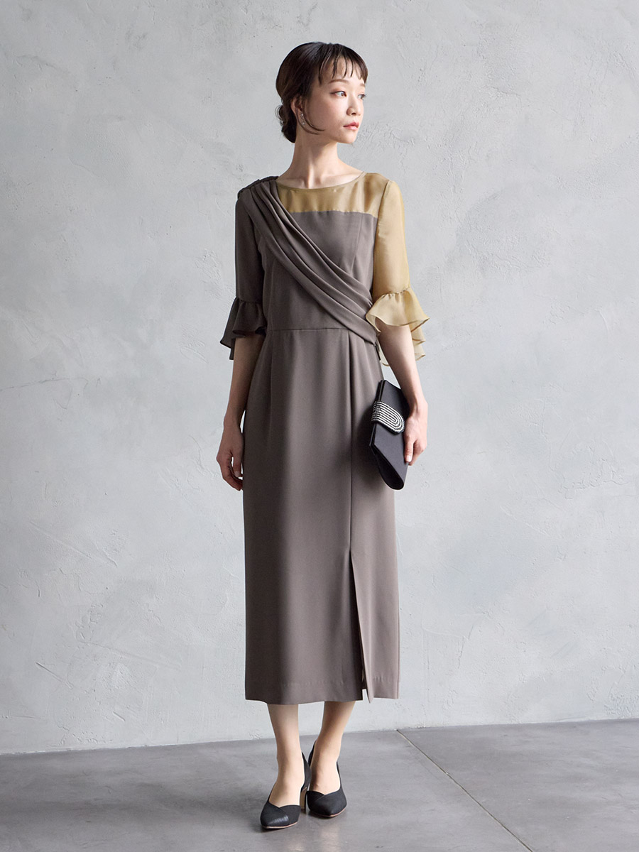 WEB/Aimer Acret店限定】アシンメトリー袖付きIラインドレス(M レンガ