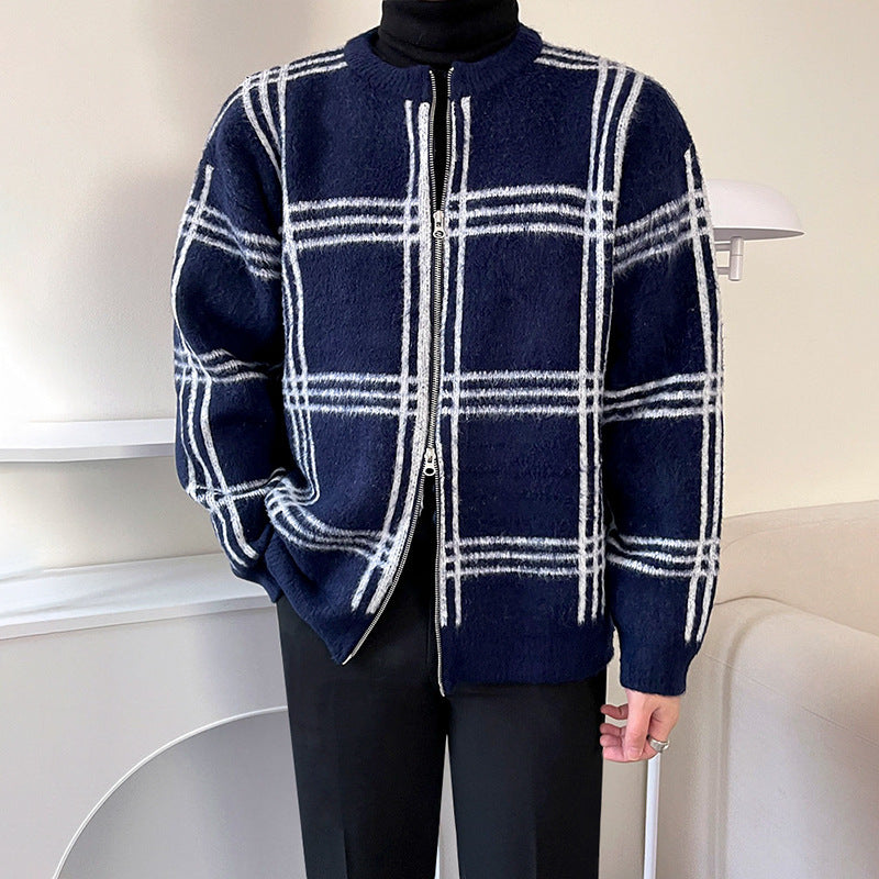30代・40代メンズ必見】秋冬チェック柄ニットジャケット｜上品ジップで