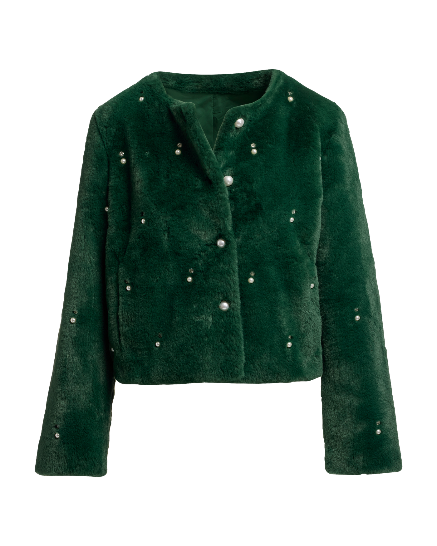 Pearl Embellished Faux Fur Collarless Chubby - Emerald | Boston Proper