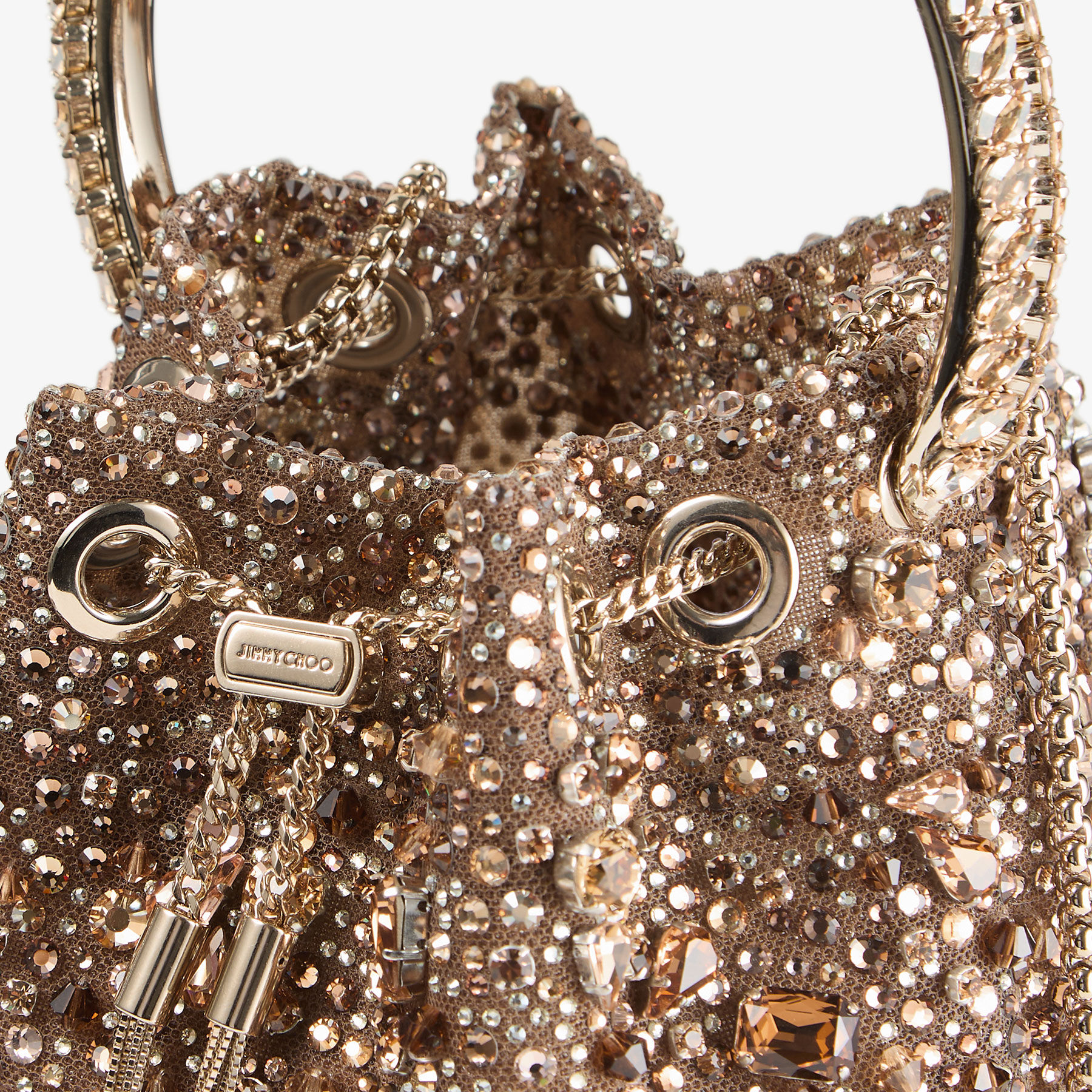 Bon Bon | Tan Metallic Crystal Mesh Handbag with Crystal Handle