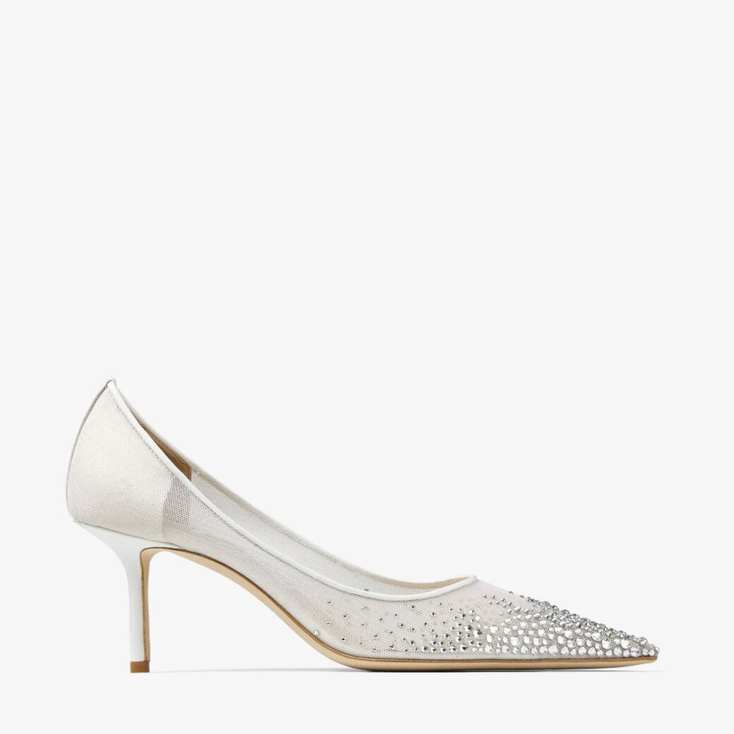 White Mesh Pointed-Toe Pumps with Dégradé Crystals | LOVE 65
