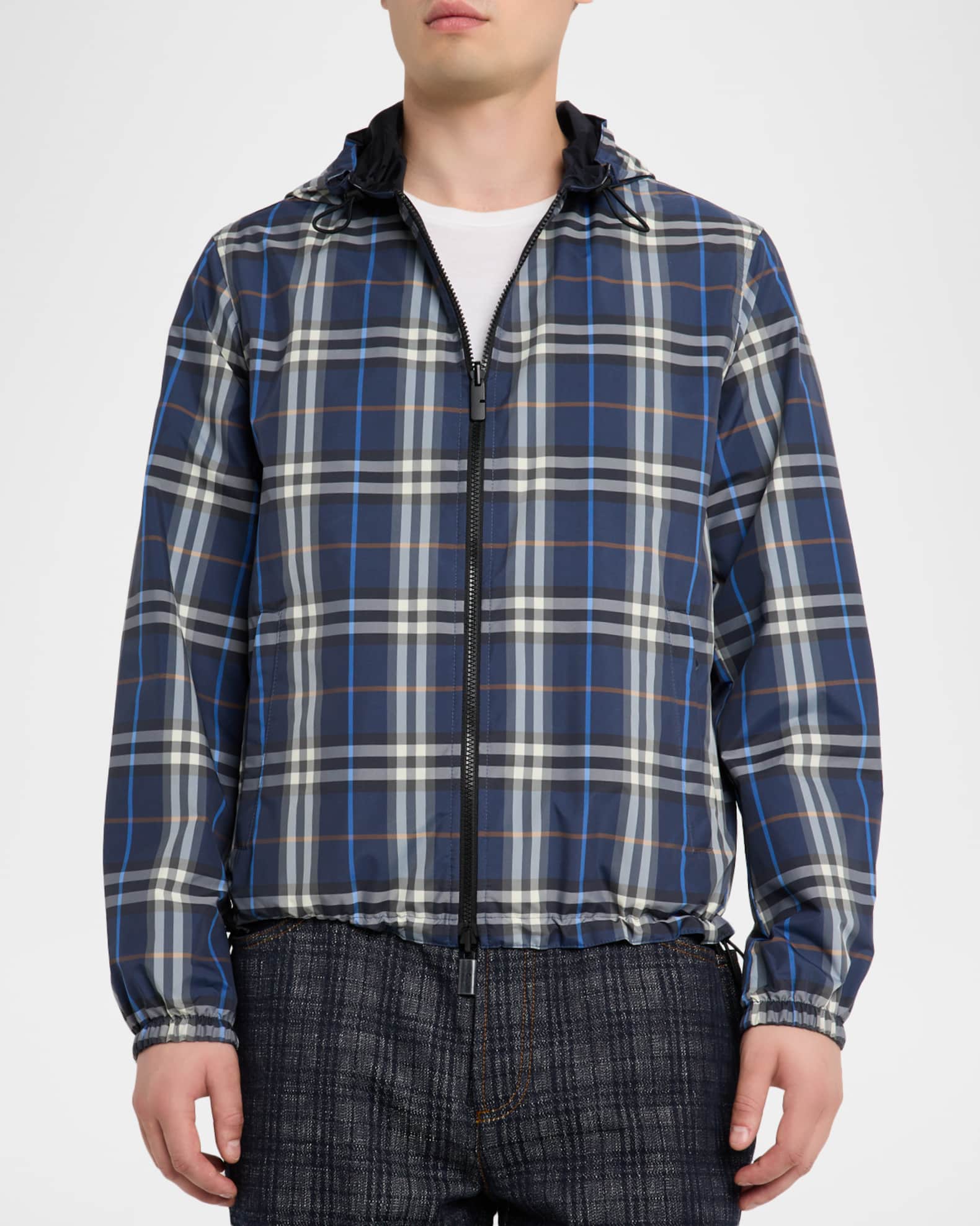 Burberry Men's Check Hooded Full-Zip Jacket | Neiman Marcus