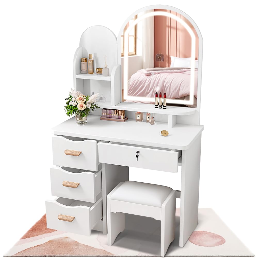 Amazon｜ドレッサー コンパクト 白 3色LED ライト 収納沢山 化粧台