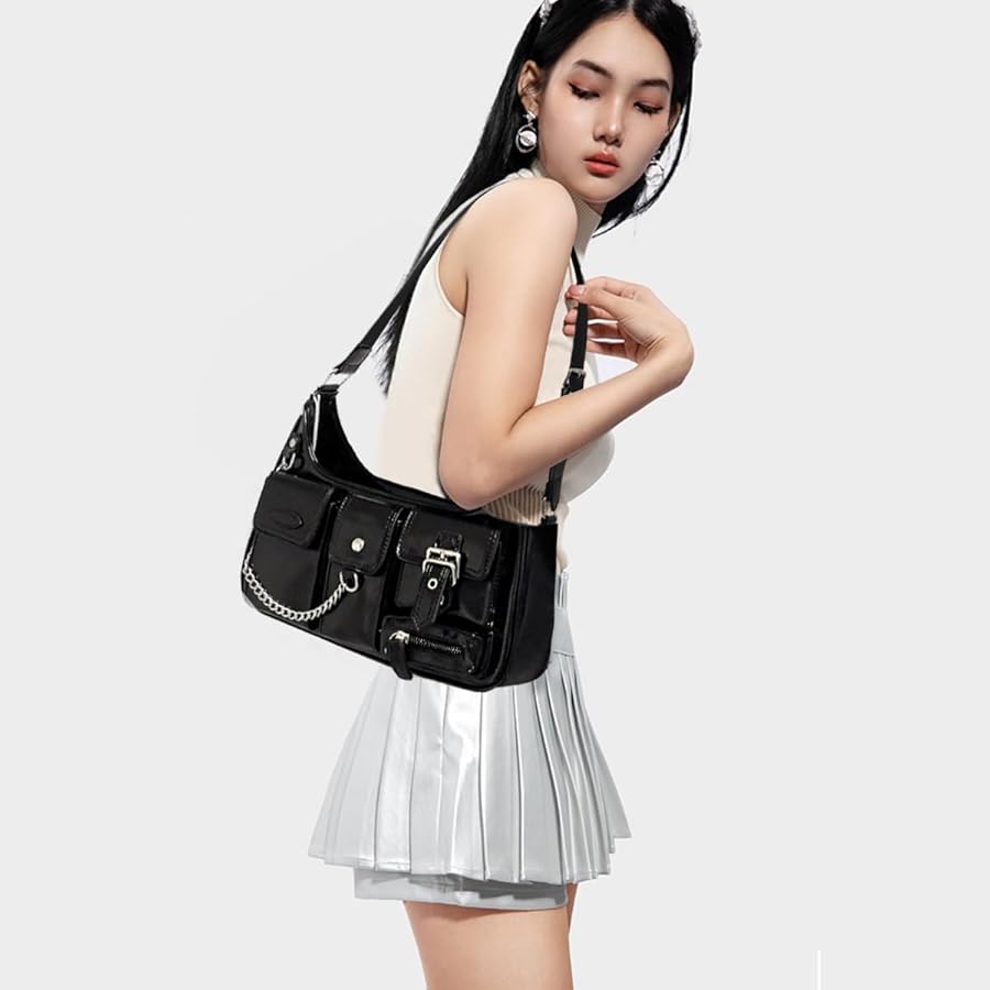 Sunwel Fashion Y2k Black Purse Goth Multi-Pockets Shoulder Bag