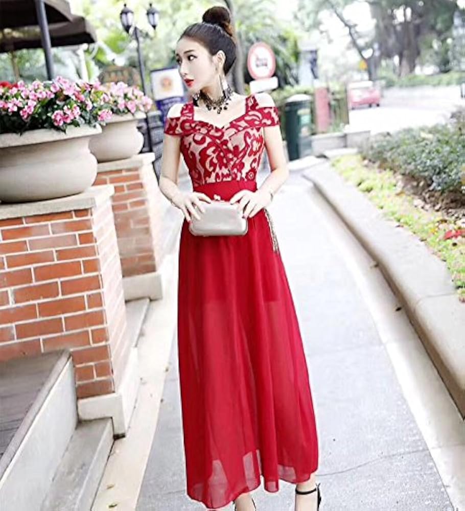 Amazon.co.jp: ワンピース 前ミニ ロング L 赤 オフショルダー