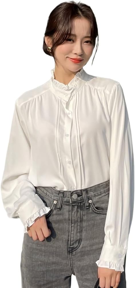 Women Elegant Blouses Shirts Frilled Neck Flounce Sleeve Blouse