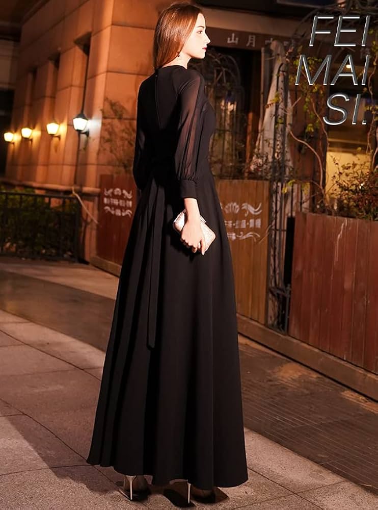 Amazon.co.jp: パーティードレス ロング 袖あり 長袖 ロングドレス 黒