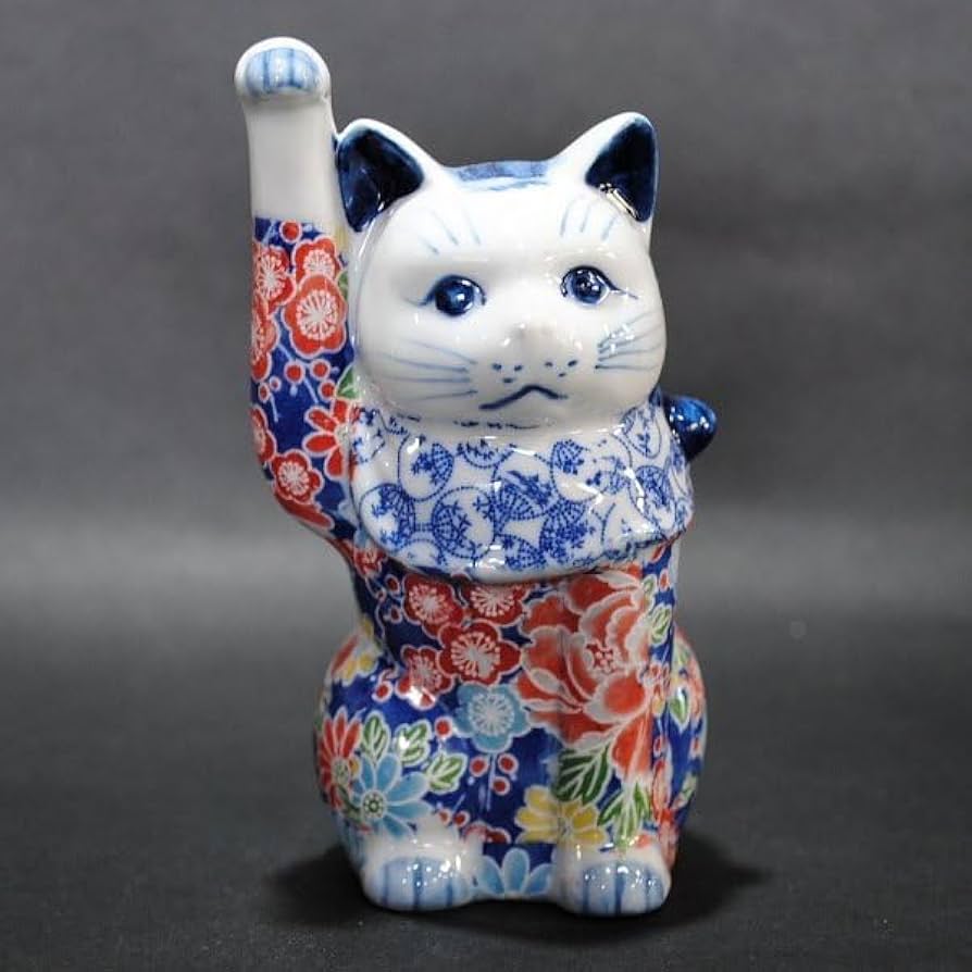Amazon.co.jp: 瀬戸焼 招き猫 日本製 友禅磁器ホワイト柄4寸 13㎝ 右手