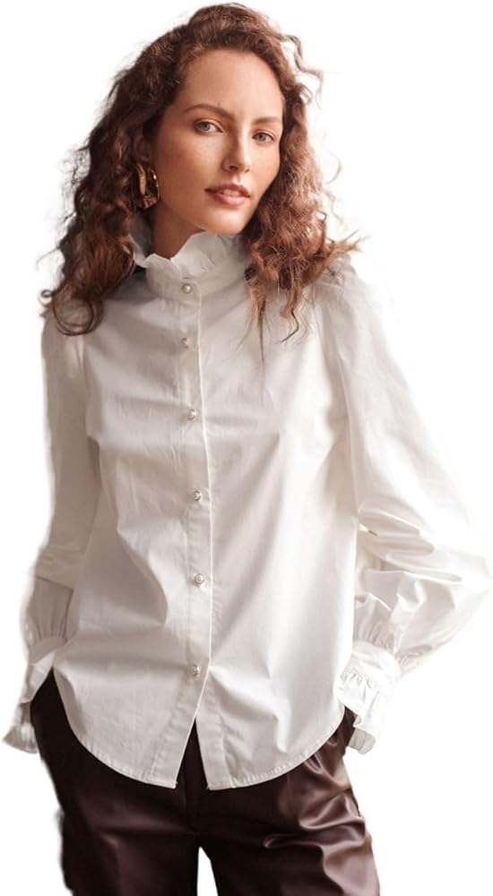 Womens Blouses Casual Tops Frenchy Frill Trim Lantern Sleeve Shirt