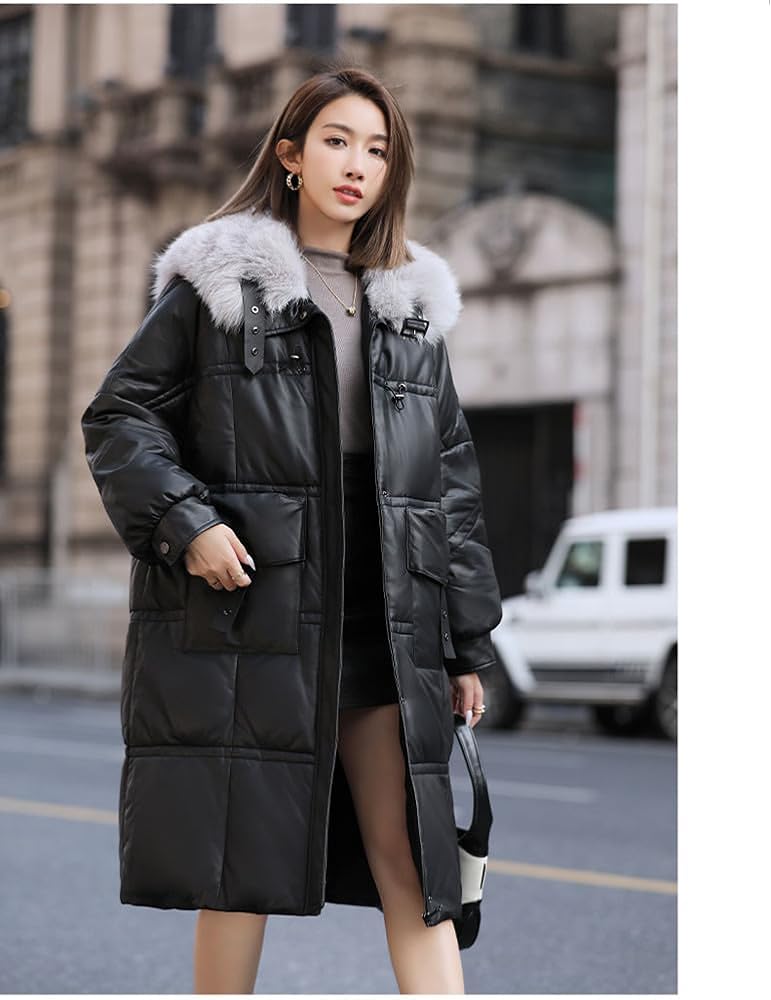 Amazon | レザーダウンコート レディース フォックスファー ロング丈
