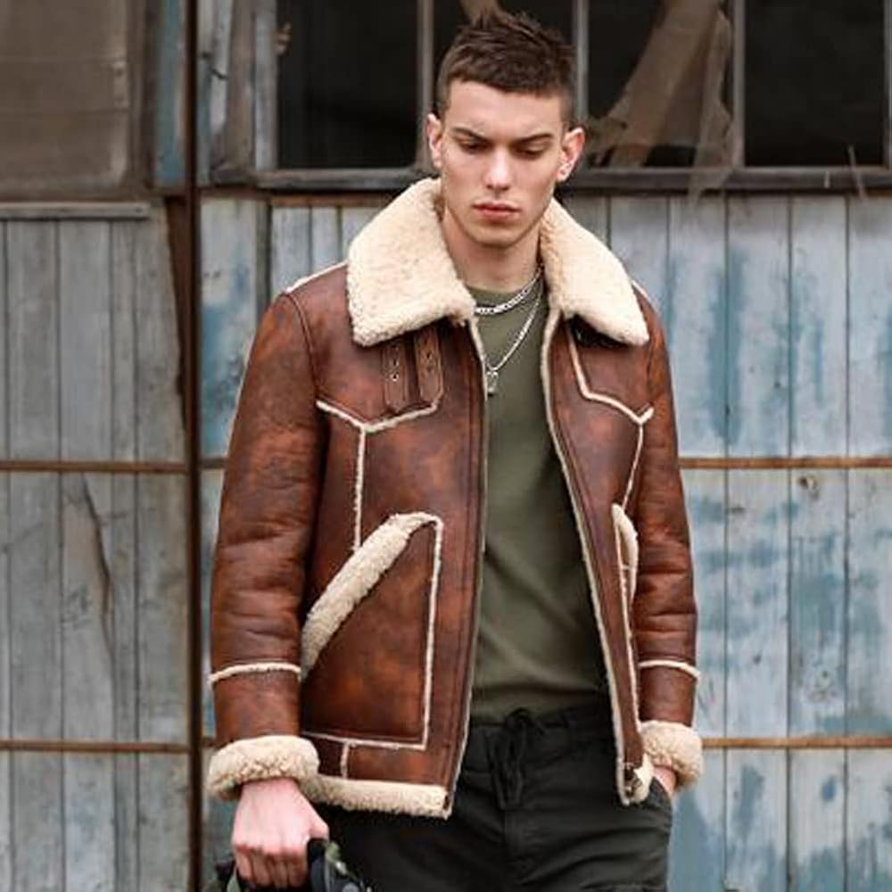 Denny&Dora Men's Shearling Jacket Aviator Flight Jacket Brown