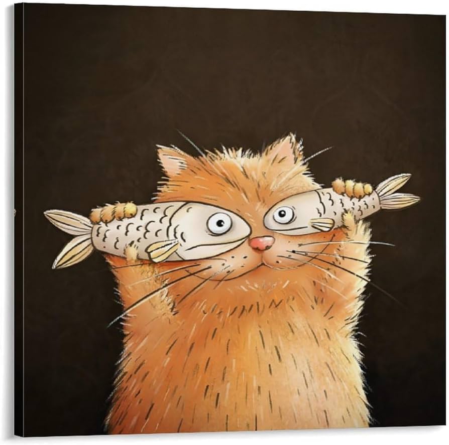 Amazon.co.jp: 面白い 猫と魚 ネコ柄 アニメの抽象絵画 アートポスター