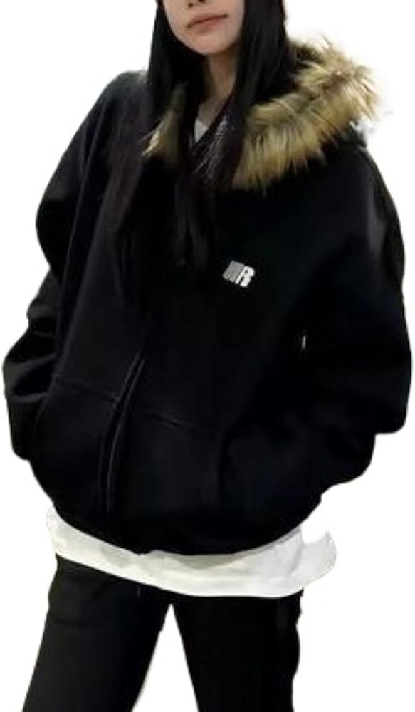 Amazon.com: Grunge Fur Hood Zip Up Hoodie Women Teen Girls Y2k Emo