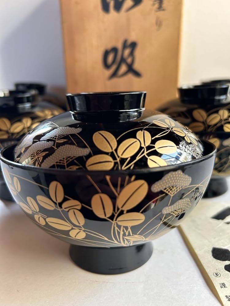 Amazon.co.jp: 会津塗 秀峰漆房 秋草 金蒔絵 漆器 吸物椀 五客 お正月